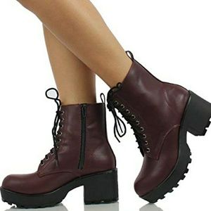 SODA faux leather lace up maroon combat boots